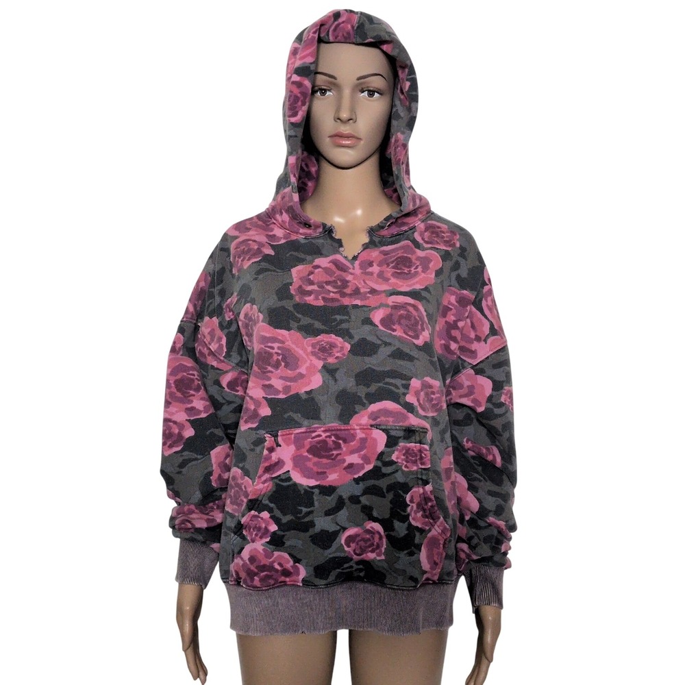 We The Free Free People Floral Camo Hoodie Pink Gray Oversized Pullover Small